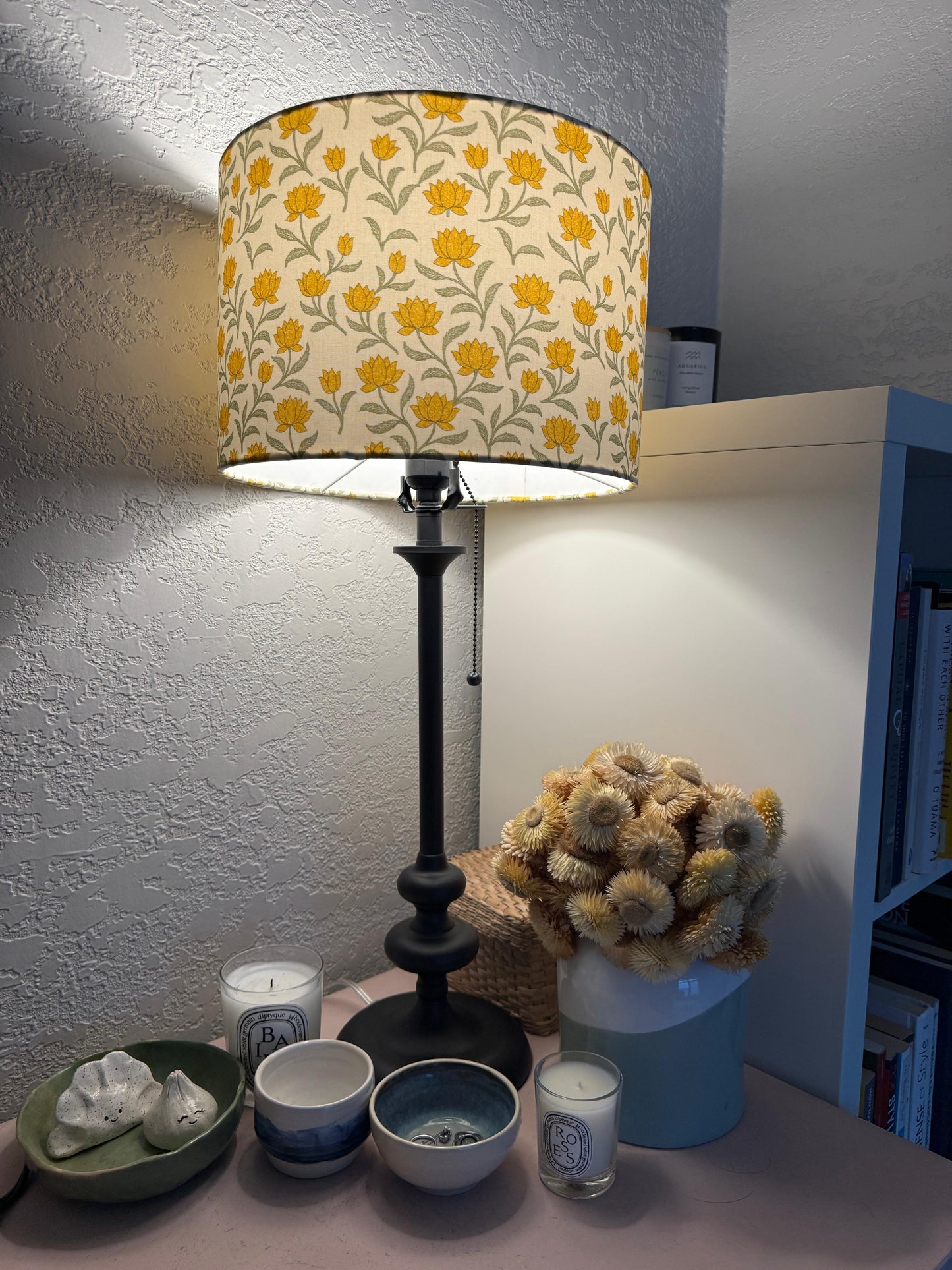 Lemon lotus motifs fabric lampshade (Small) - 6" x 6"