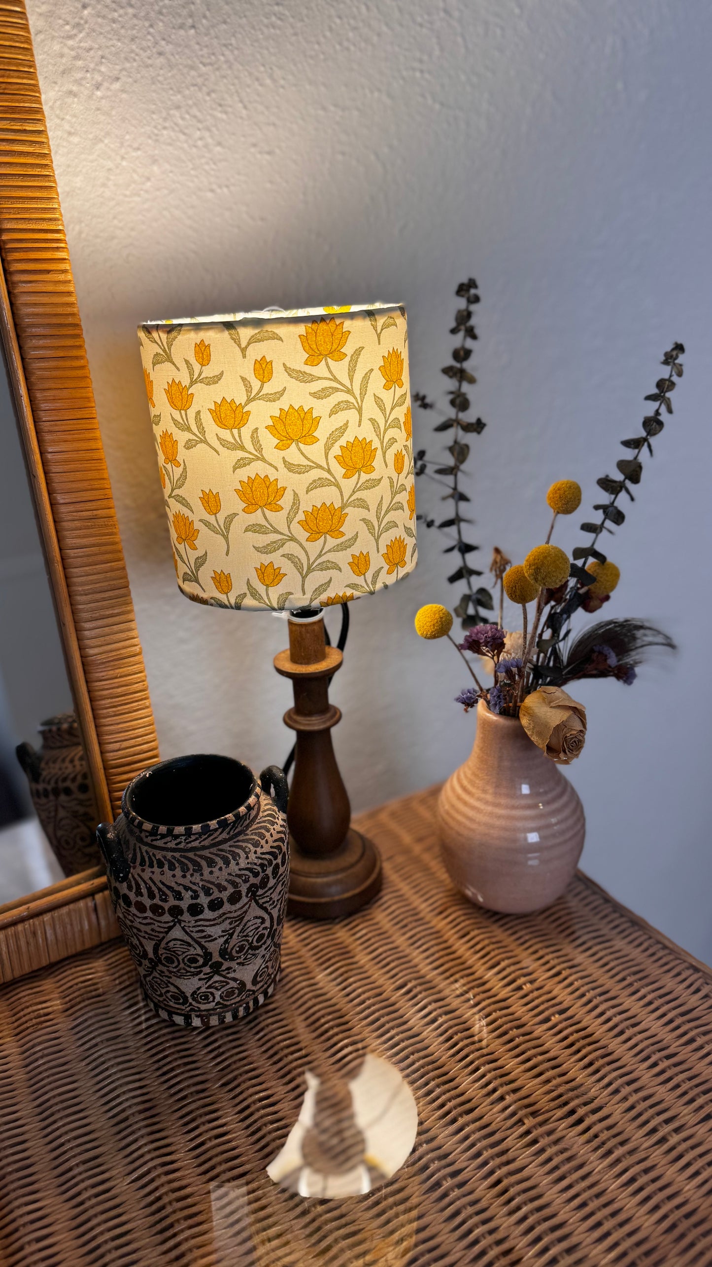 Lemon lotus motifs fabric lampshade (Small) - 6" x 6"